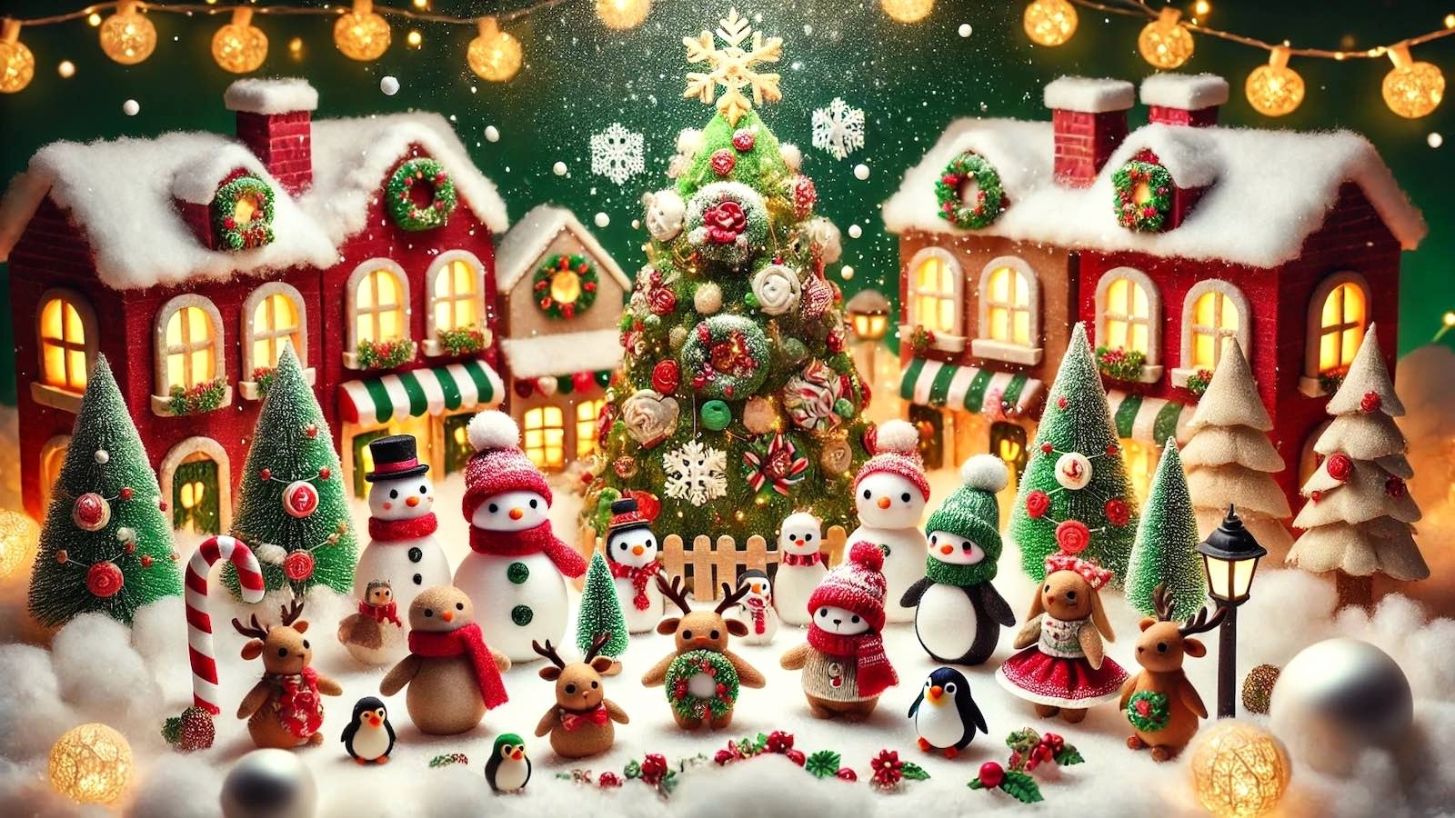 Charming holiday village featuring snow-covered houses and Christmas characters in San Diego